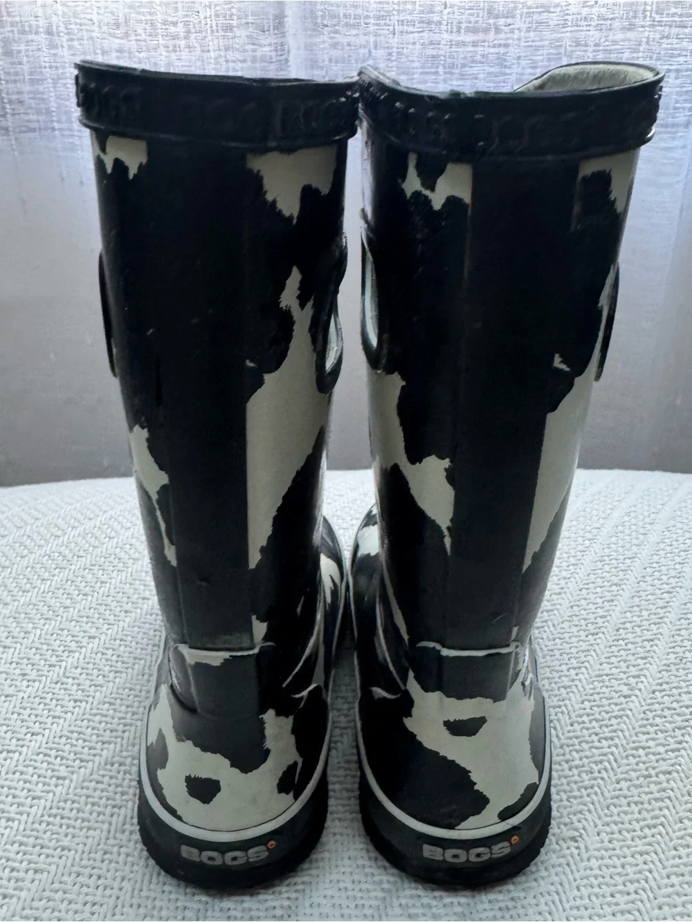 Bogs Kids Sz 12 Black and White Cow Print Rain Boots